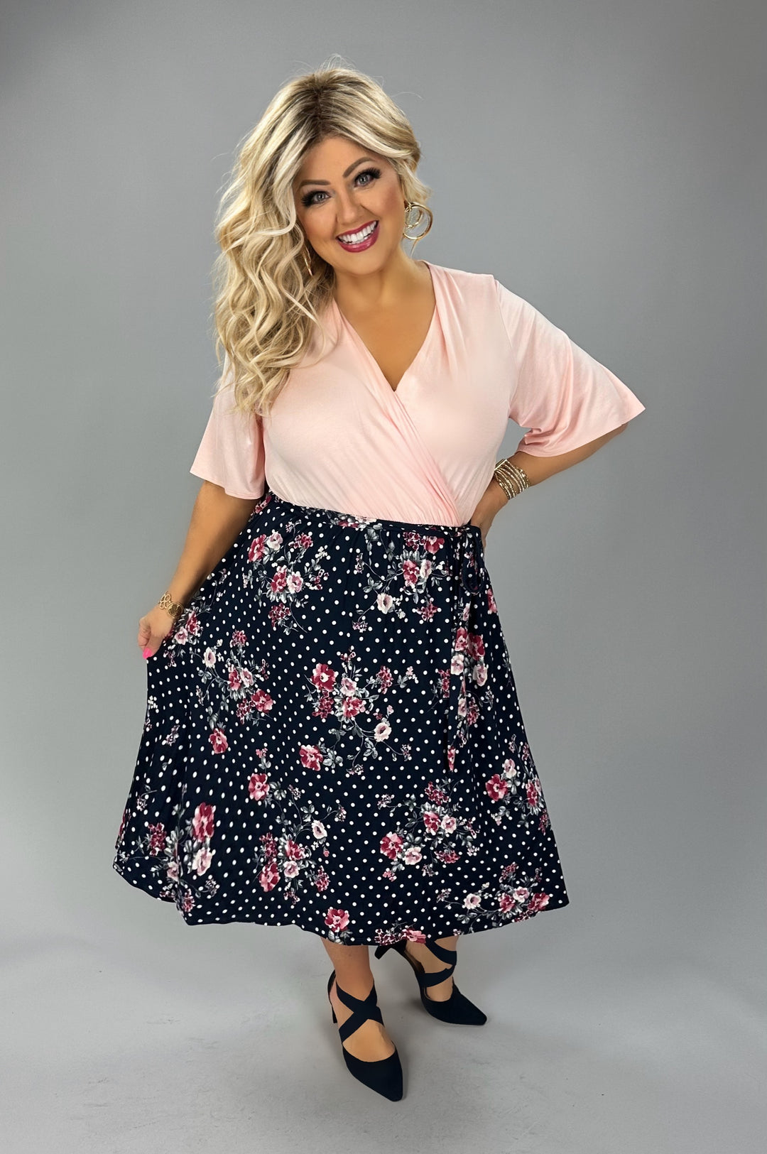 open lace back dress Adrianna Papell Plus Size Floral Printed Midi Dress - Navy/Pink main image 1