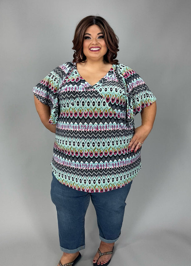 100 PSS {Art Deco} Multi Mosaic Print Flutter Sleeve Top EXTENDED PLUS SIZE 2X 3X 4X  TRUE TO SIZE!!