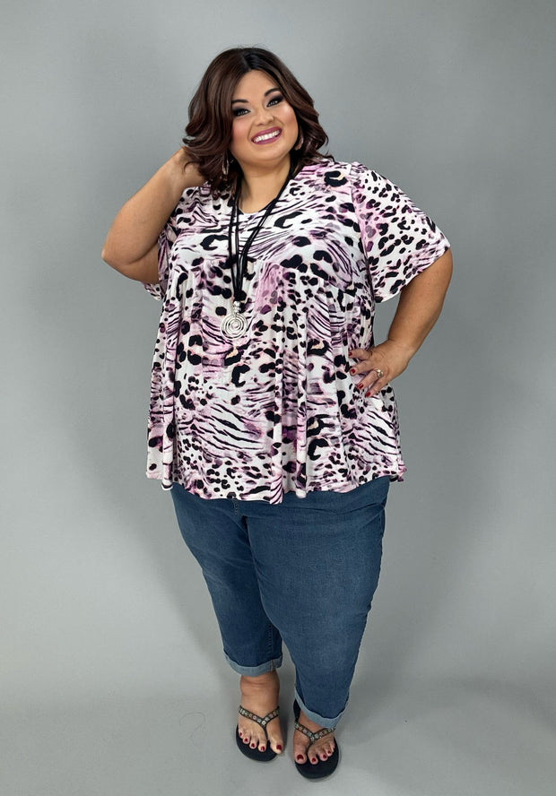 100 PSS {Wild Heart} Pink Leopard Short Sleeve Babydoll Top EXTENDED PLUS SIZE 3X 4X 5X
