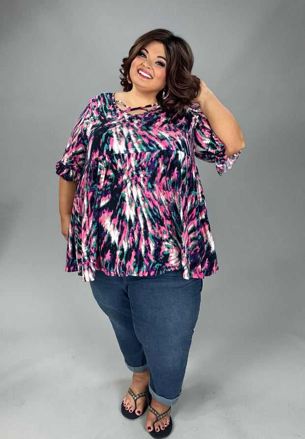 100 PSS {For All Time} Pink Multi Tie Dye Cross Neck Top EXTENDED PLUS SIZE 3X 4X 5X