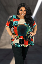 53 PSS {Chic In The Moment} Teal/Rust Print Ruffle Hem Top EXTENDED PLUS SIZE 3X 4X 5X