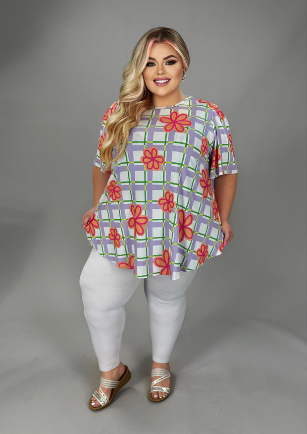100 PSS {Hoppiness} Lavender Flower Square Print Top EXTENDED PLUS SIZE 3X 4X 5X