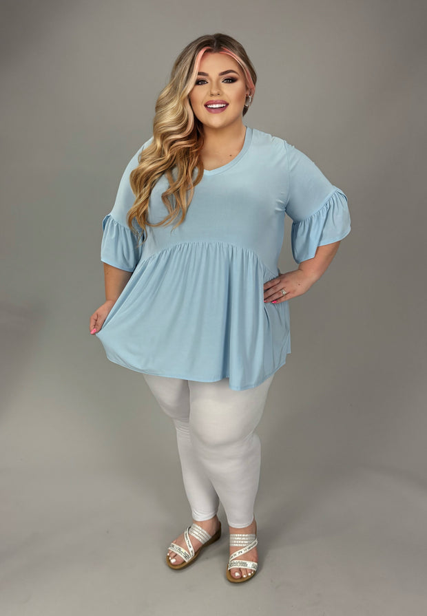 100 SQ {Cool & Casual} Sky Blue Baby Doll Tunic V Neck  Tulip Sleeve EXTENDED PLUS SIZE 3X 4X 5X