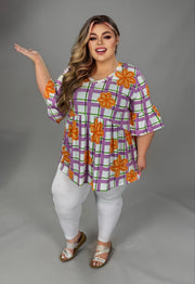 100 PQ {Floral Therapy}  Purple & Orange Baby Doll V Neck Tunic Quarter Length Tulip Sleeve  EXTENDED PLUS SIZE 3X 4X 5X