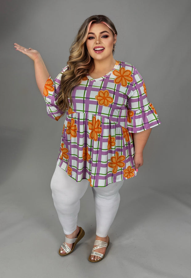 100 PQ {Floral Therapy}  Purple & Orange Baby Doll V Neck Tunic Quarter Length Tulip Sleeve  EXTENDED PLUS SIZE 3X 4X 5X