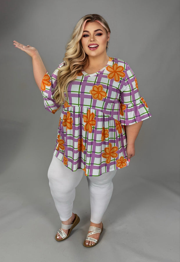 100 PQ {Floral Therapy}  Purple & Orange Baby Doll V Neck Tunic Quarter Length Tulip Sleeve  EXTENDED PLUS SIZE 3X 4X 5X