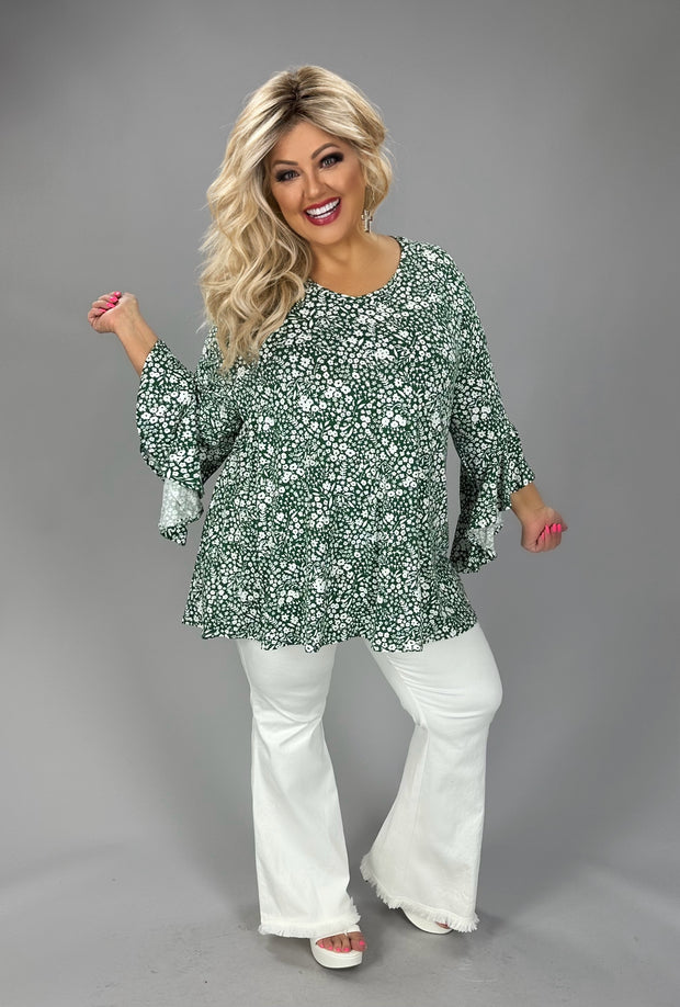 100 PQ {Floral Oasis} Green Floral Cascading Sleeve Top EXTENDED PLUS SIZE 2X 3X 4X  TRUE TO SIZE!!