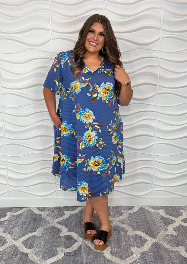 70 PSS-C {All Floral} Royal Blue Floral Print Dress PLUS SIZE 1X 2X 3X