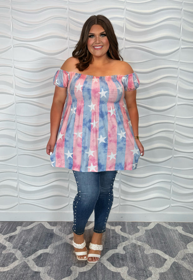 73 OS-L {Fourth Of July} Blue/Red Star Print Smocked Top PLUS SIZE XL 2X 3X