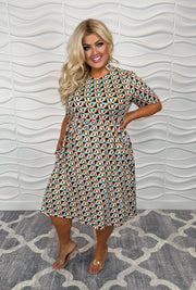 18 PSS-J {Follow My Lead} Aqua/Pink Geo Print Dress PLUS SIZE 1X 2X 3X