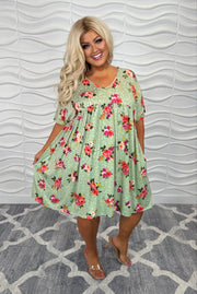 56 PSS-F {Chasing Love} Sage Floral Babydoll Dress PLUS SIZE XL 2X 3X