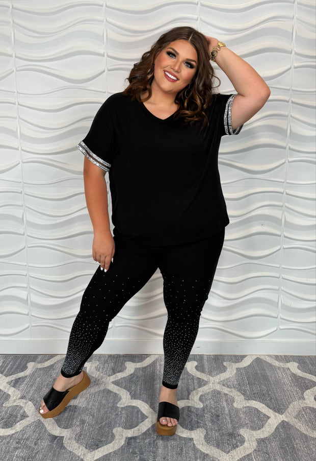 85 SD {Fool Me Once} VOCAL Black V-Neck Top w/ Rhinestone Sleeve Detail PLUS SIZE XL 2X 3X