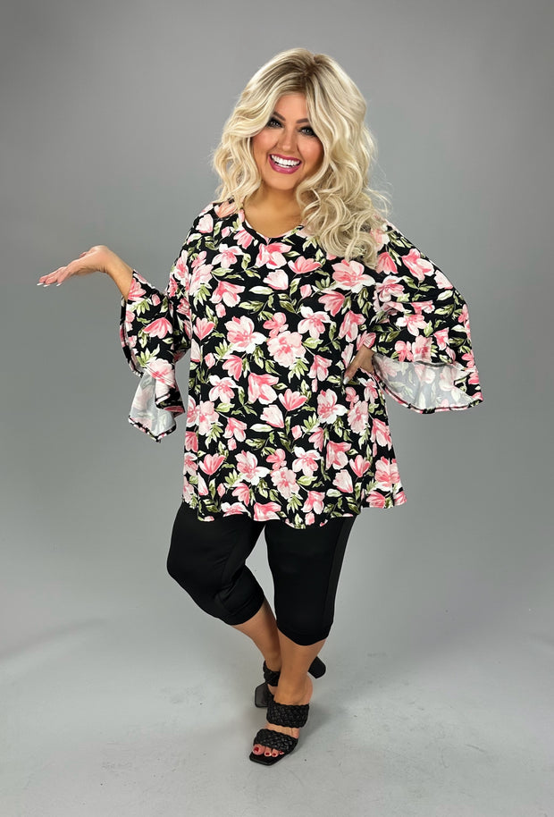 100 PQ {Floral Drama} Black/Pink Floral V-Neck Top EXTENDED PLUS SIZE 2X 3X 4X  TRUE TO SIZE!!
