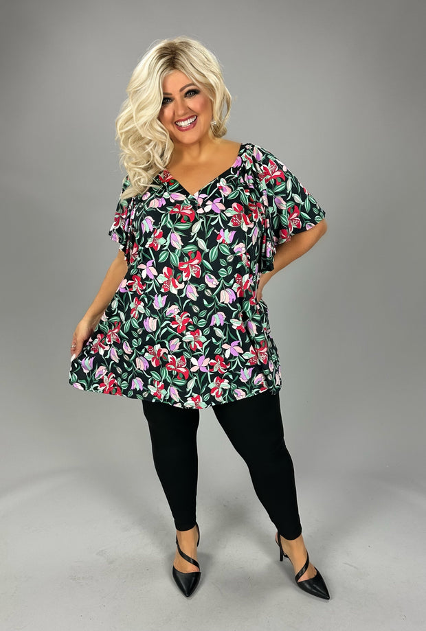 100 PSS {Moonlit Blooms} Black Floral V-Neck Top EXTENDED PLUS SIZE XL 2X 3X 4X  TRUE TO SIZE XL 2X 3X 4X