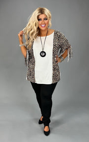 27 CP-J {Landing On Cue} Ivory/Leopard Fringe Top PLUS SIZE XL 2X 3X