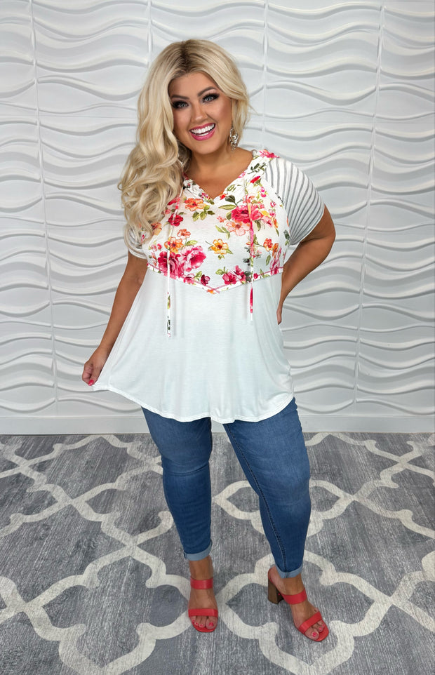 11 HD-D {Floral Influence| Ivory Floral Grey Stripe Hoodie PLUS SIZE 1X 2X 3X