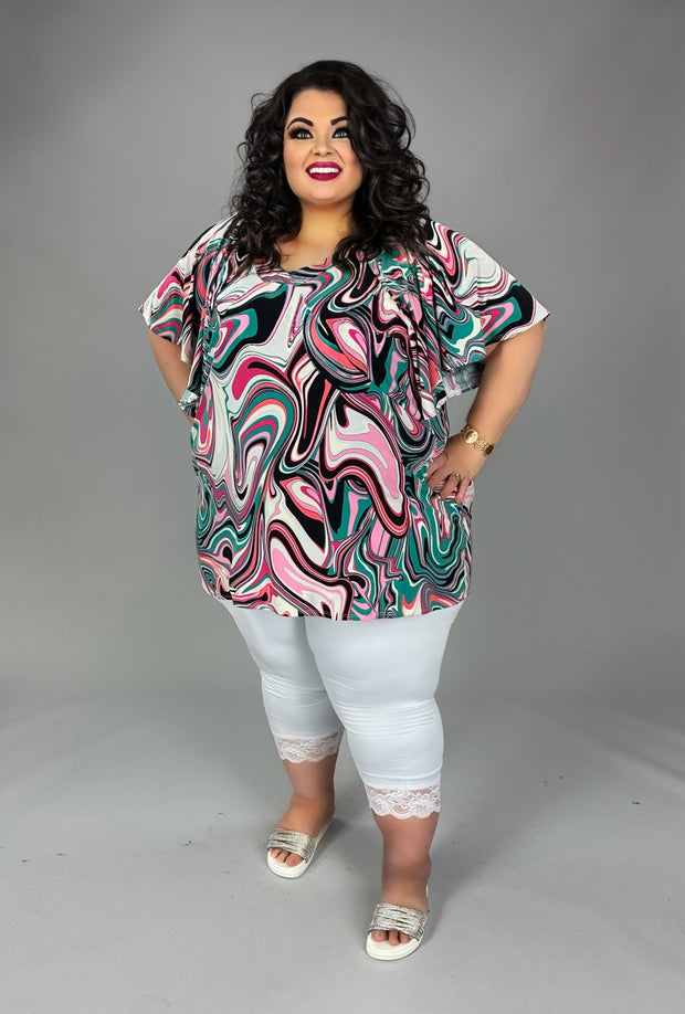 100 PSS {Groovy Mindset} Teal/Pink Swirl Print V-Neck Top EXTENDED PLUS SIZE 2X 3X 4X  TRUE TO SIZE!!