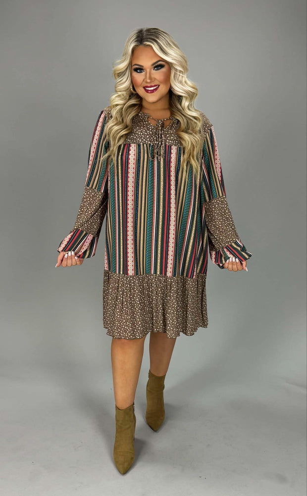 96 CP  [Dainty News} Mocha/Multi-Color Print Dress PLUS SIZE XL 2X 3X