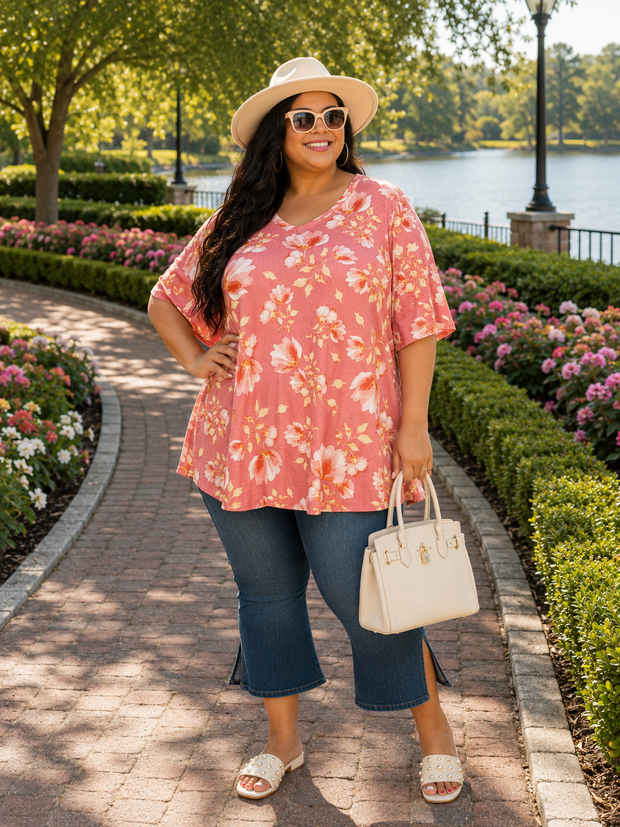 100 PSS {Blushing Bloom} Pink Floral V-Neck Top EXTENDED PLUS SIZE 3X ...