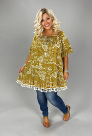23 OS {Wish You Well} Mustard Off Shoulder Paisley Top w/Fringe PLUS SIZE 1X 2X 3X