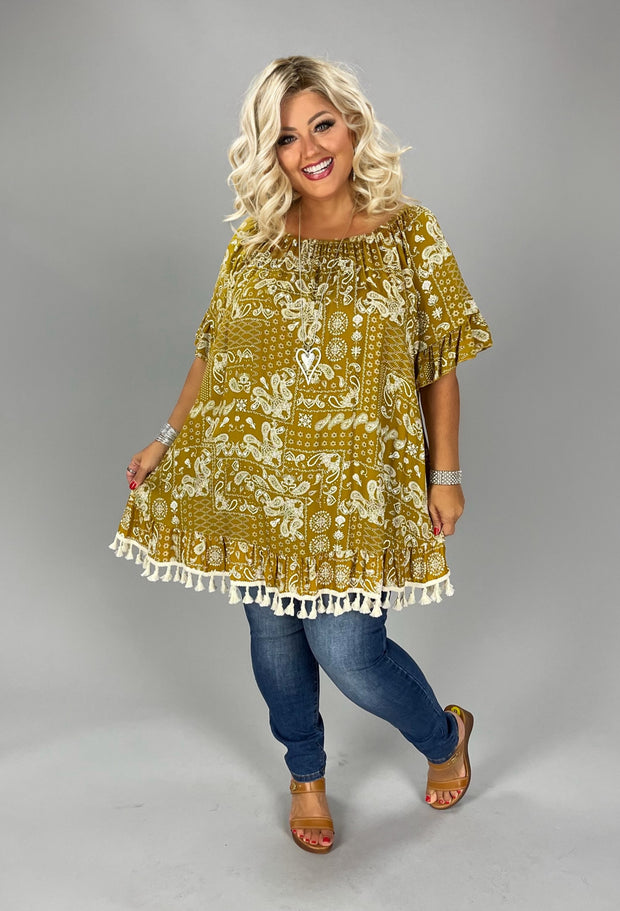 23 OS {Wish You Well} Mustard Off Shoulder Paisley Top w/Fringe PLUS SIZE 1X 2X 3X