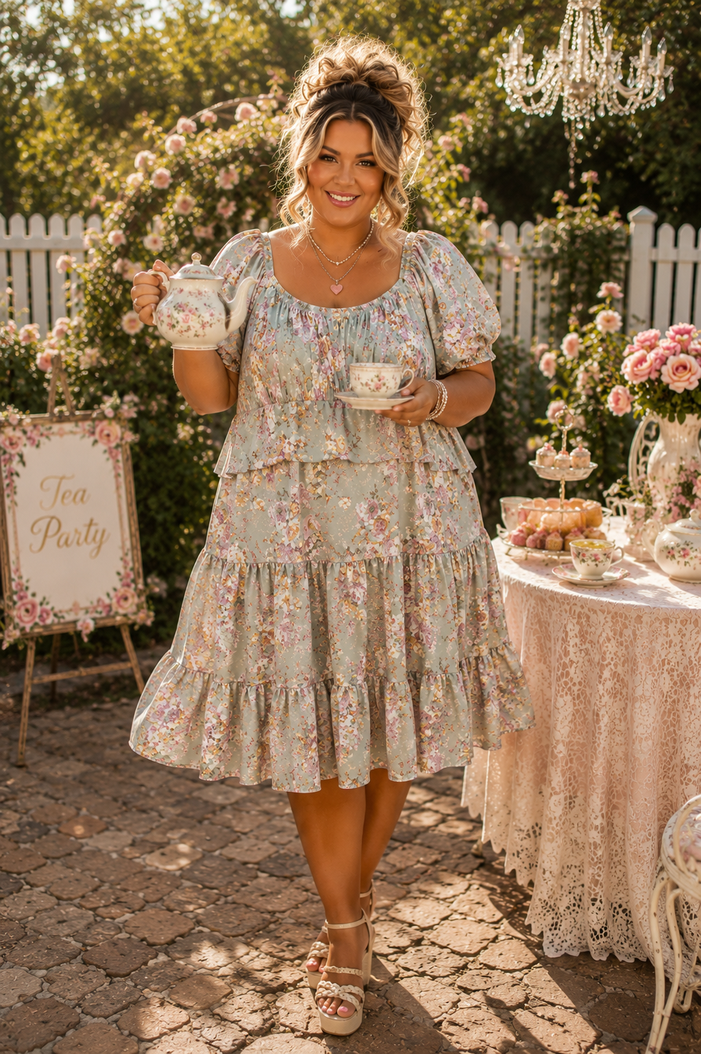 100 PSS {Garden Sage} Sage Floral Tiered Dress PLUS SIZE XXL