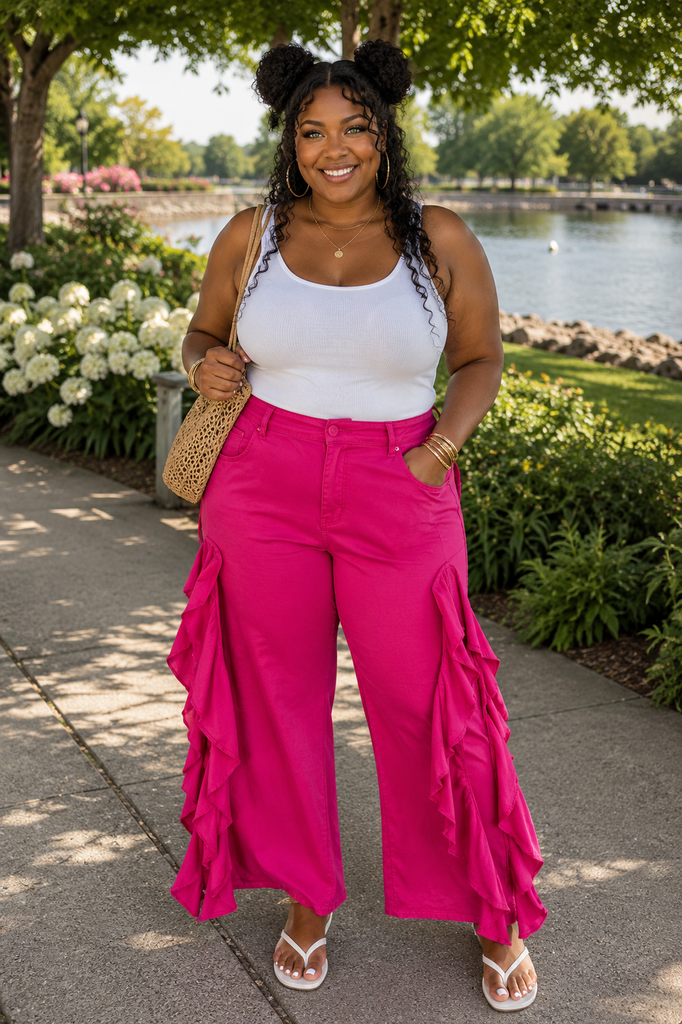 【UNSPOKEN】Side ruffle wide pants BT {Statement Ruffle} Fuchsia Wide Leg Side Ruffle Pants PLUS SIZE