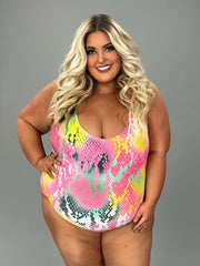 SWIM-P {Fill Your Time} Pink Snakeskin 1 Piece Swimsuit w/Skirt EXTENDED PLUS SIZE 4X