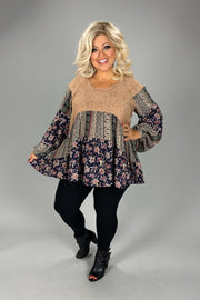 28 CP  {Mixed Signals} Mocha/Navy Floral Dalmation Print Top  PLUS SIZE 1X 2X 3X