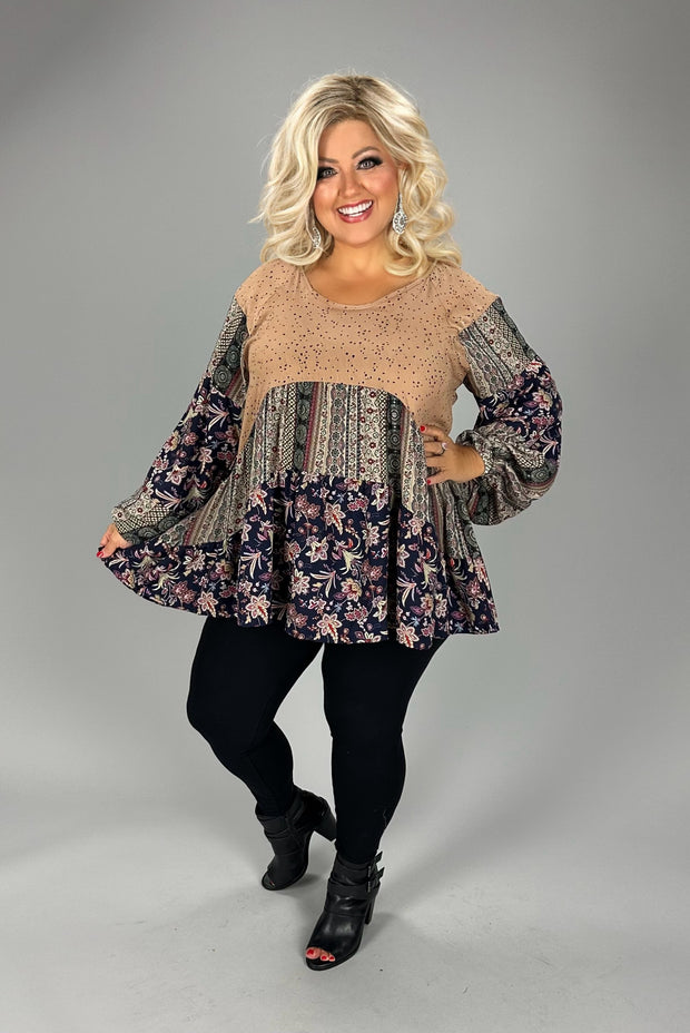 28 CP  {Mixed Signals} Mocha/Navy Floral Dalmation Print Top  PLUS SIZE 1X 2X 3X