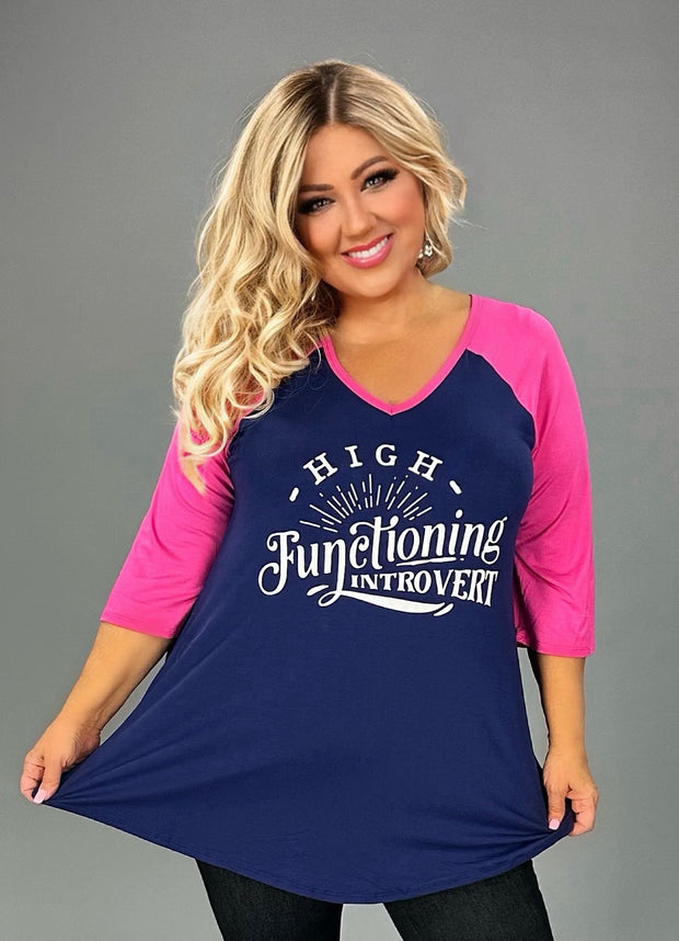 20 GT {High Functioning Introvert} Navy/Fuchsia Graphic Tee CURVY BRAND!!!  EXTENDED PLUS SIZE XL 2X 3X 4X 5X 6X