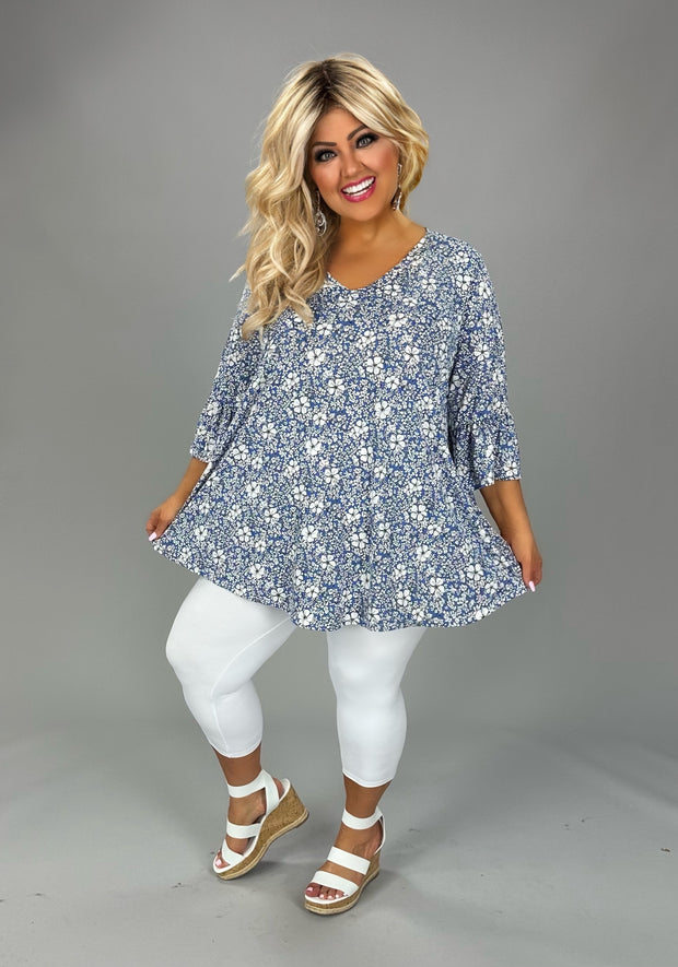 100 PSS {Fields Of Hope} Blue White Floral V-Neck Top EXTENED PLUS SIZE 5X 6X