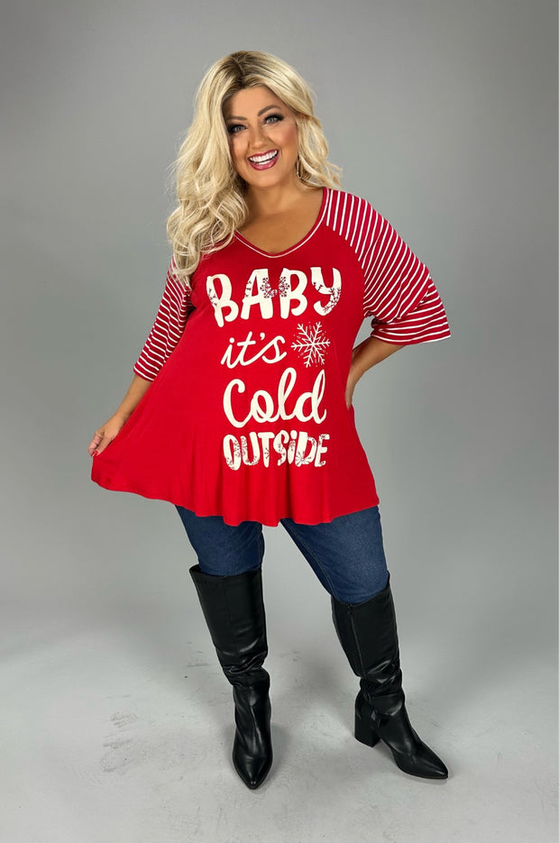 27  GT {Baby It's Cold Outside} Red Graphic Tee w/Red Stripe PLUS SIZE XL 2X 3X 4X 5X 6X