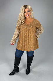 28 CP {Girl On The Go} Camel Paisley Print Top w/Floral Sleeves PLUS SIZE 1X 2X 3X