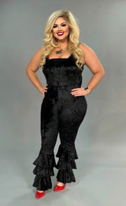RP-ZZ (Hot Momma) Black Velvet Jumpsuit with layered leg detail. PLUS SIZE