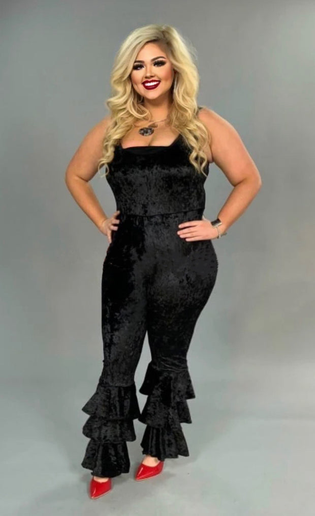 RP-ZZ (Hot Momma) Black Velvet Jumpsuit with layered leg detail. PLUS SIZE