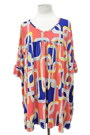 100 PSS {Never Ending Style} Orange Blue Print Babydoll Tunic EXTENDED PLUS SIZE   TRUE TO SIZE!!