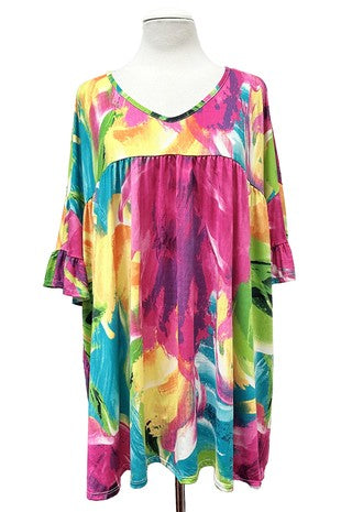 100 PSS {Day Party} Teal Abstract Inverted Baby Doll Tunic Ruffle Sleeve  EXTENDED PLUS SIZE 2X 3X 4X  TRUE TO SIZE !!