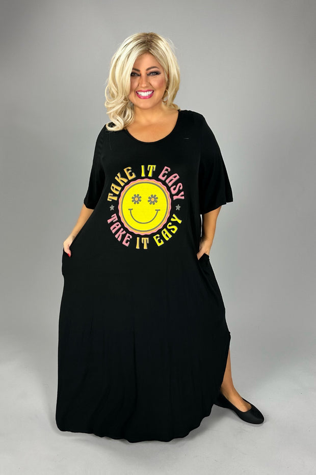 LD-U {Take It Easy Smiley} Black Graphic Print Dress CURVY BRAND