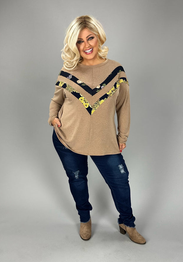 15 CP {Double The Fun} Mocha Top w/Floral V Accent PLUS SIZE 1X 2X 3X