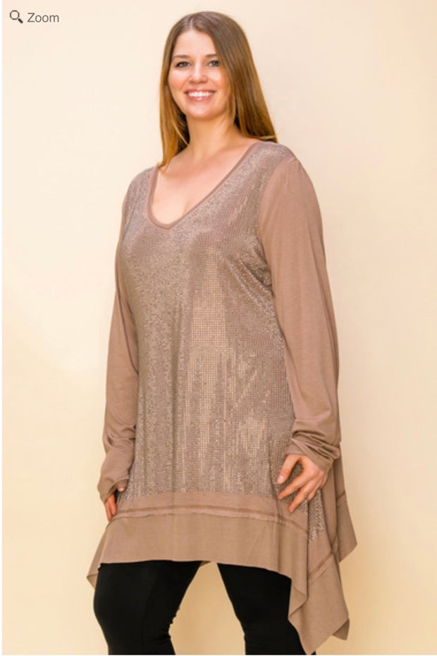 66  SD  {Swing With Me} VOCAL Mocha Rhinestone V-Neck Top PLUS SIZE XL 2X 3X