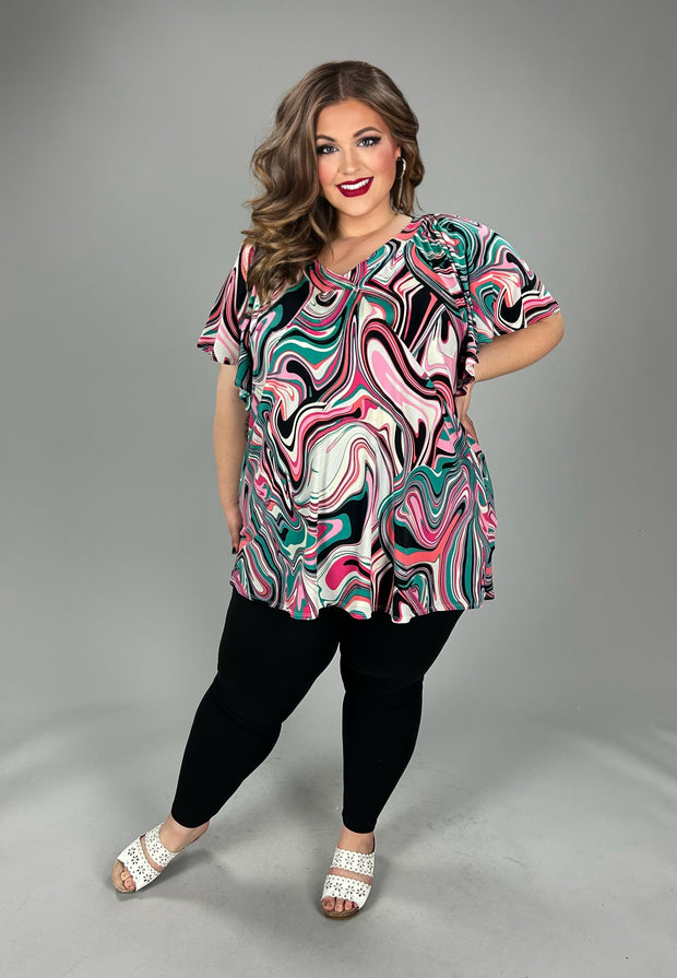 100 PSS {Groovy Mindset} Teal/Pink Swirl Print V-Neck Top EXTENDED PLUS SIZE 2X 3X 4X  TRUE TO SIZE!!