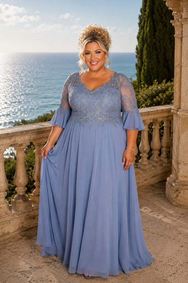 LD-G {Wish Me Joy} Slate Blue V-Neck Gown w/Scarf EXTENDED PLUS SIZE 4 – Curvy Boutique Plus Size Clothing
