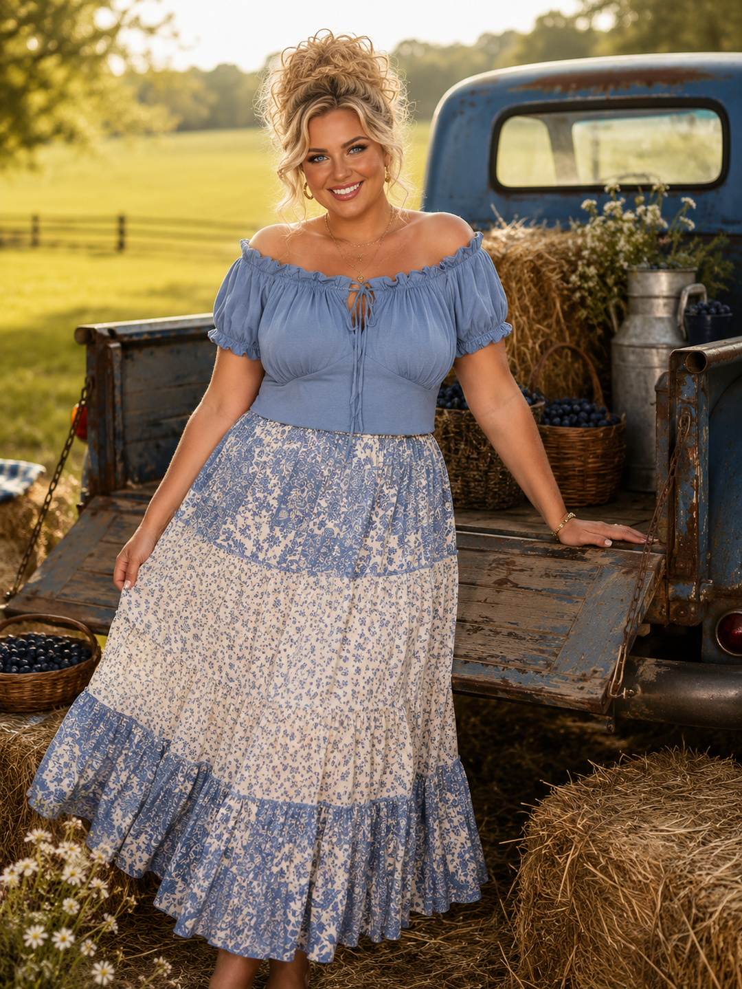 59 OS {Country Chic} Dusty Blue Off Shoulder Top PLUS SIZE 1X 2X