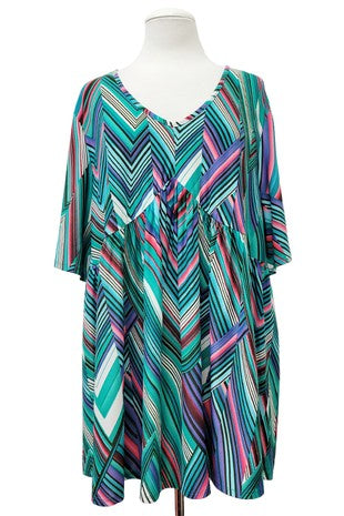 100 PSS {Classic Feels} Green Multi Chevron Babydoll Top EXTENDED PLUS SIZE 3X 4X 5X