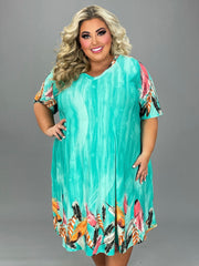 33 PSS-D {Touch Of Feathers} Mint Feather Print V-Neck Dress EXTENDED 3X 4X 5X