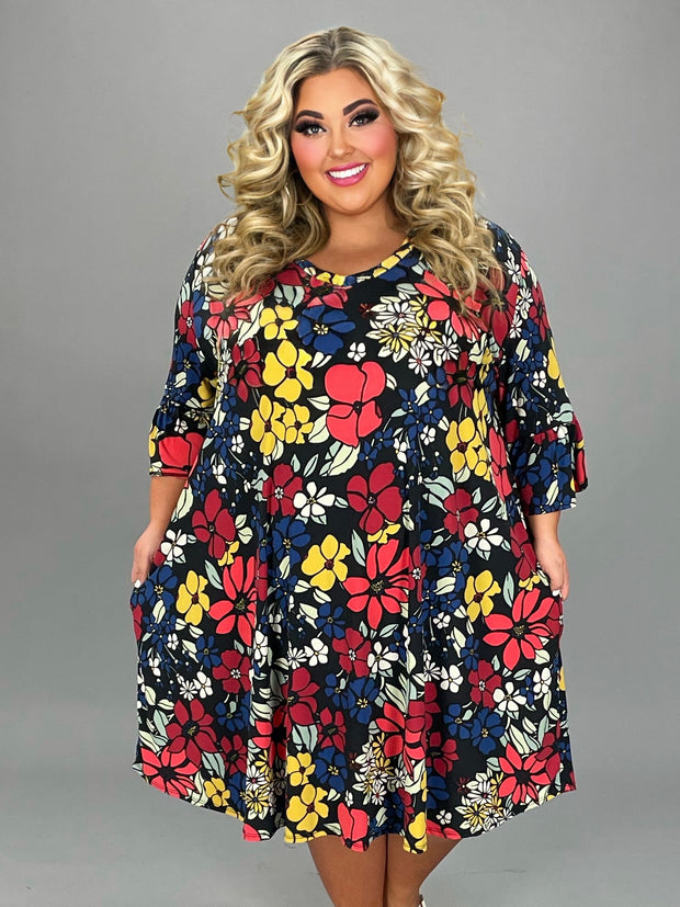 21 PQ {Midnight Melody} Black Large Floral V-Neck Dress EXTENDED PLUS SIZE 4X 5X 6X