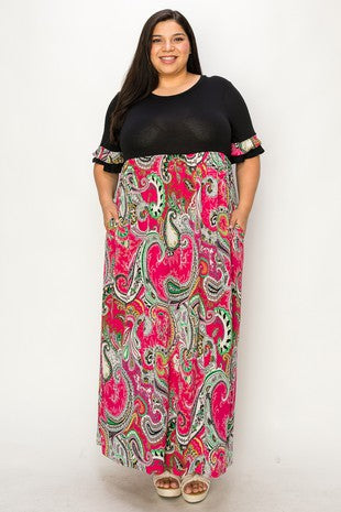 LD {I'm On My Way} Black Fuchsia Paisley Maxi Dress EXTENDED PLUS SIZE 3X 4X 5X