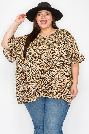 100 PSS {Wild Like Me} Tan Animal Print Shirred Hem Top EXTENDED PLUS SIZE 4X 5X 6X