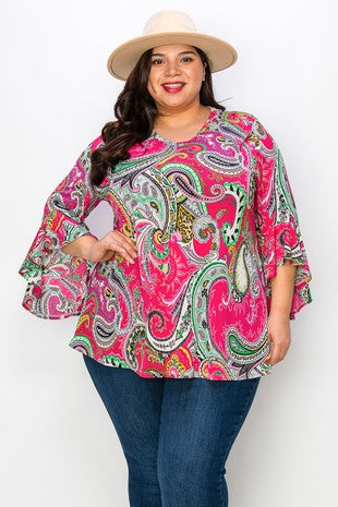 100 PQ {Just Walk By} Fuchsia Paisley Cascade Sleeve Top EXTENDED PLUS SIZE 4X 5X 6X
